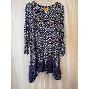 Ruby Rd. Women's Blue, Black, White Geometric High Low Blouse Silver Studded 2XL